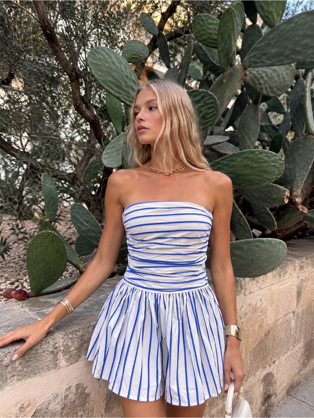Band of the Free Blue White Stripe Strapless Ruched Mini Dress M NWT